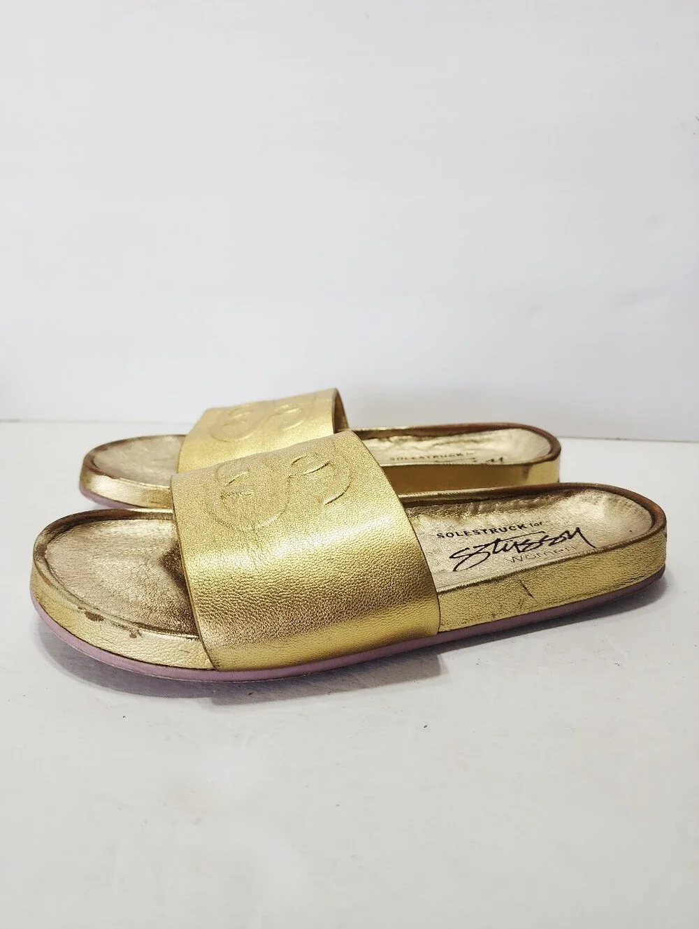 Stussy Solestruck SS Link Slide Sandals Gold 100% Leather Size 9